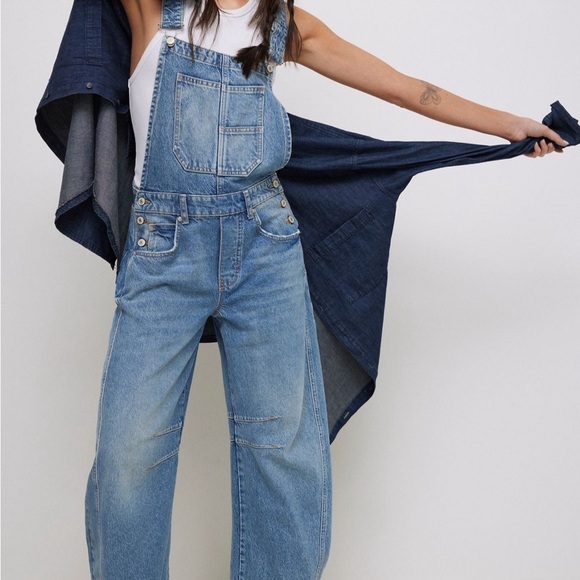 Free People Blue Denim Overalls Relaxed Fit - Picture 1 of 6